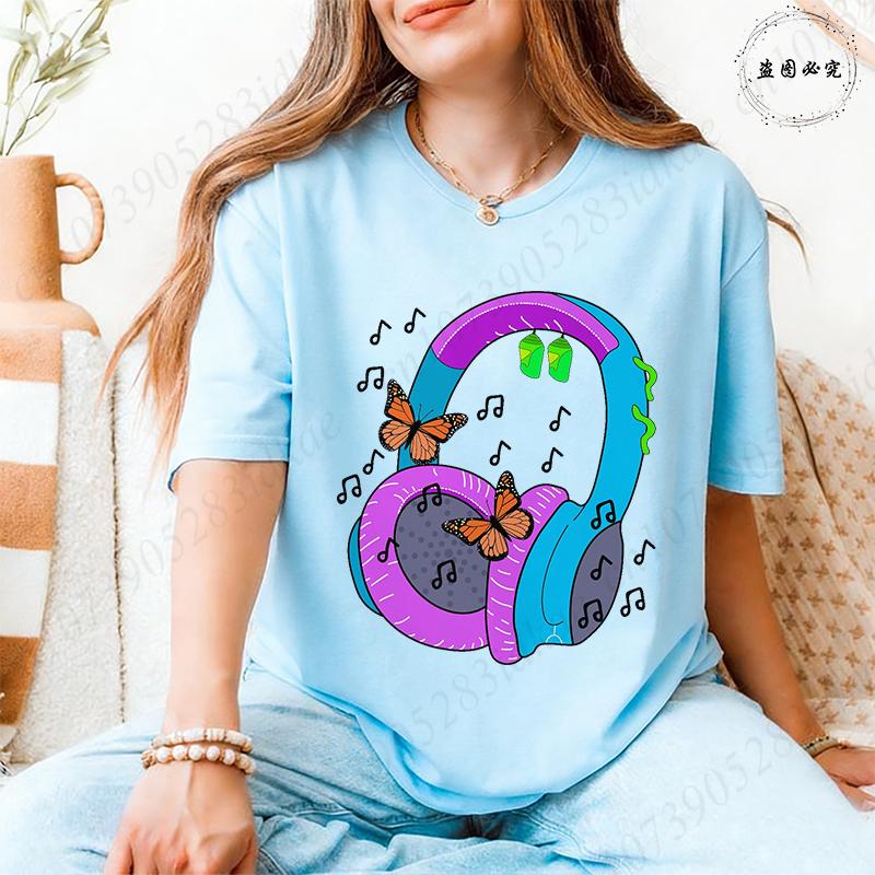Womens Cute Headphone Butterfly Music Graphic Tshirts Colorful Pattern O Neck Short Sleeve 2026 Casual Female Daily Wear Tees