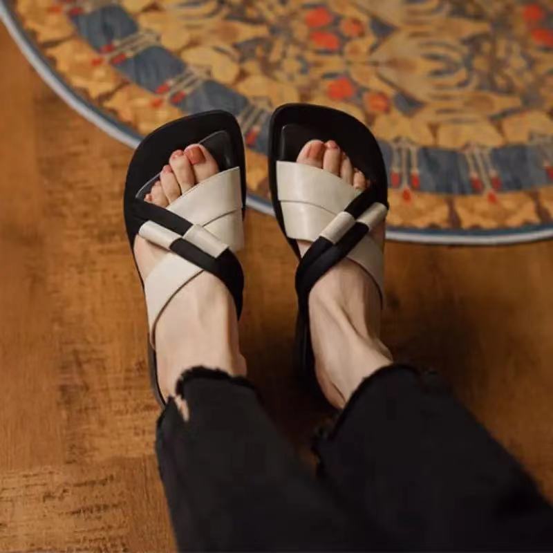 Super Soft Leather Retro Women's Shoes 2024 Summer New Simple Cross Sandals Elegant High Heels Versatile Casual Slippers