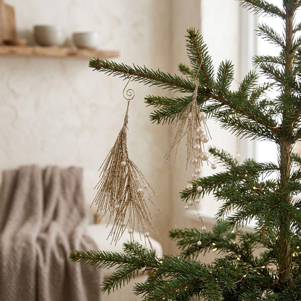 Handmade Christmas Pearl Pick Branch Realistic Xmas Tree Hanging Ornament Holiday Wreath