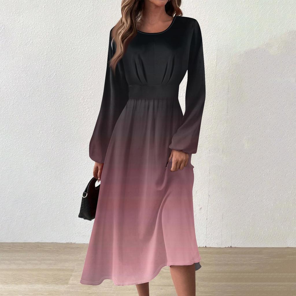 Женское осенне-зимнее повседневное модное платье с круглым вырезом и длинным рукавом с принтом