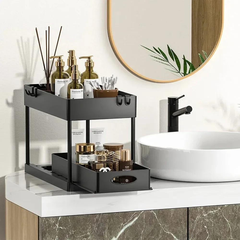 2 Tier Under Sink Organizer Sliding Cabinet Storage Rack With Hooks & Hanging Cups Multifunctional Kitchen Bathroom Organizer