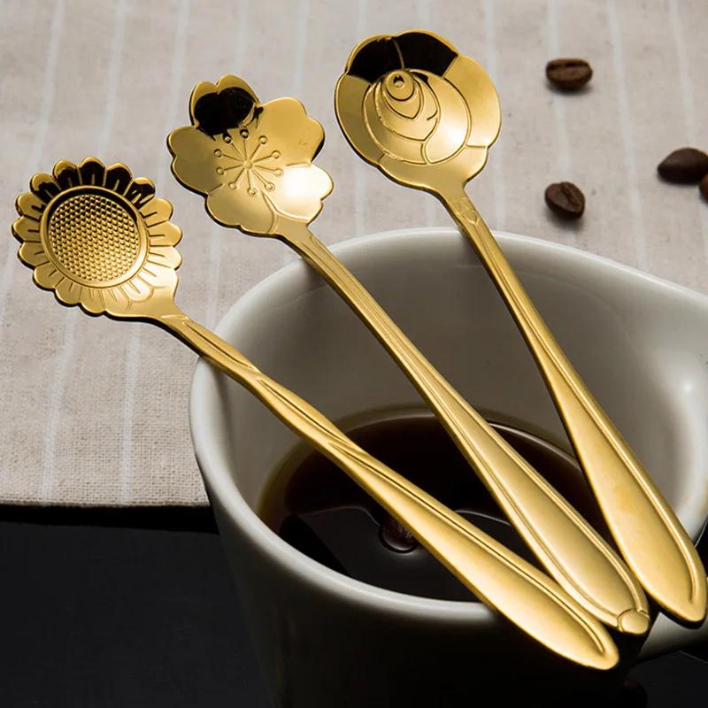Набор 8 шт. Маленькая ложка для чая с цветком из нержавеющей стали 304 для мороженого, кофе, подарки, десертная посуда, кухонная посуда, аксессуары