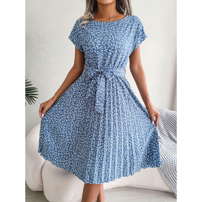 Ins Style Spring and Summer New Casual Short-sleeved Floral Large Swing Pleated Skirt European and American Women's Clothing