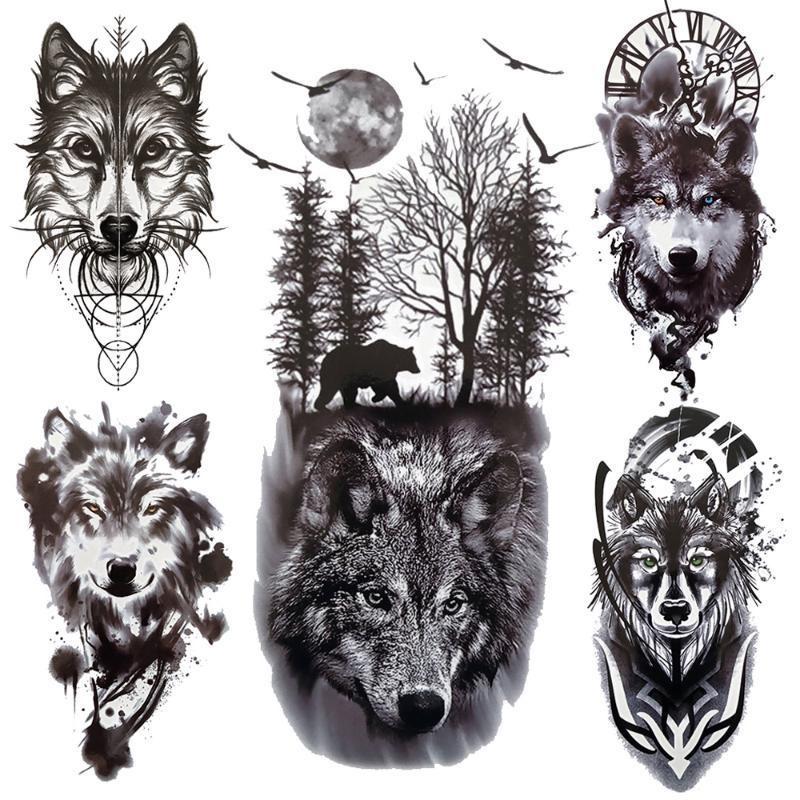 1 PC 210*114MM Cat Geometry Black Temporary Tattoos For Men Women Black Forest Skull Tiger Wolf Tattoo Sticker Evil Devil Arm Tattoo