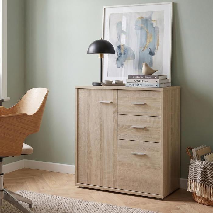 REMY sideboard, chest of drawers storage unit with 2 drawers and 2 doors, in melamine with Sonoma oak decor