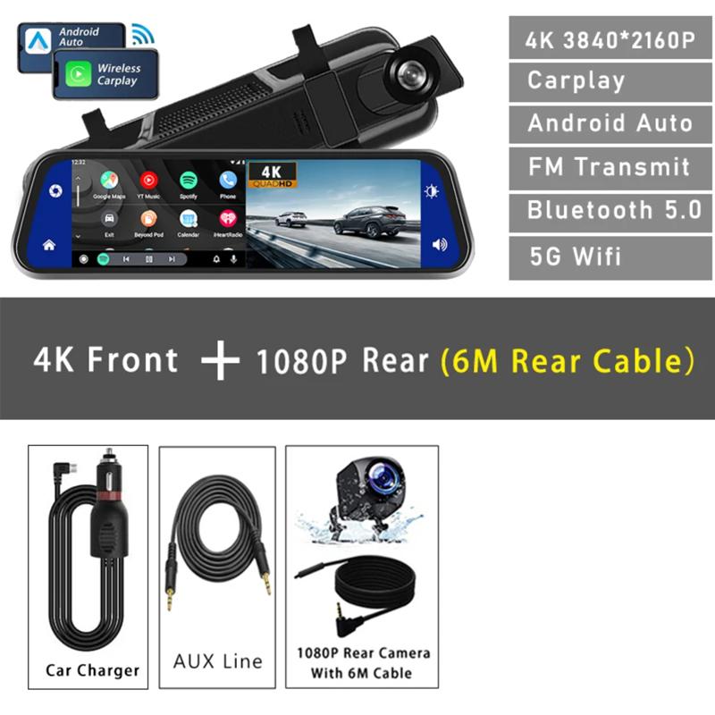 UHD 4K 3840*2160P Автомобильный видеорегистратор Carplay Android Auto GPS 5G WIFI AUX Видеорегистратор Потоковое зеркало заднего вида Видеорегистратор Камера Видеорегистратор FM