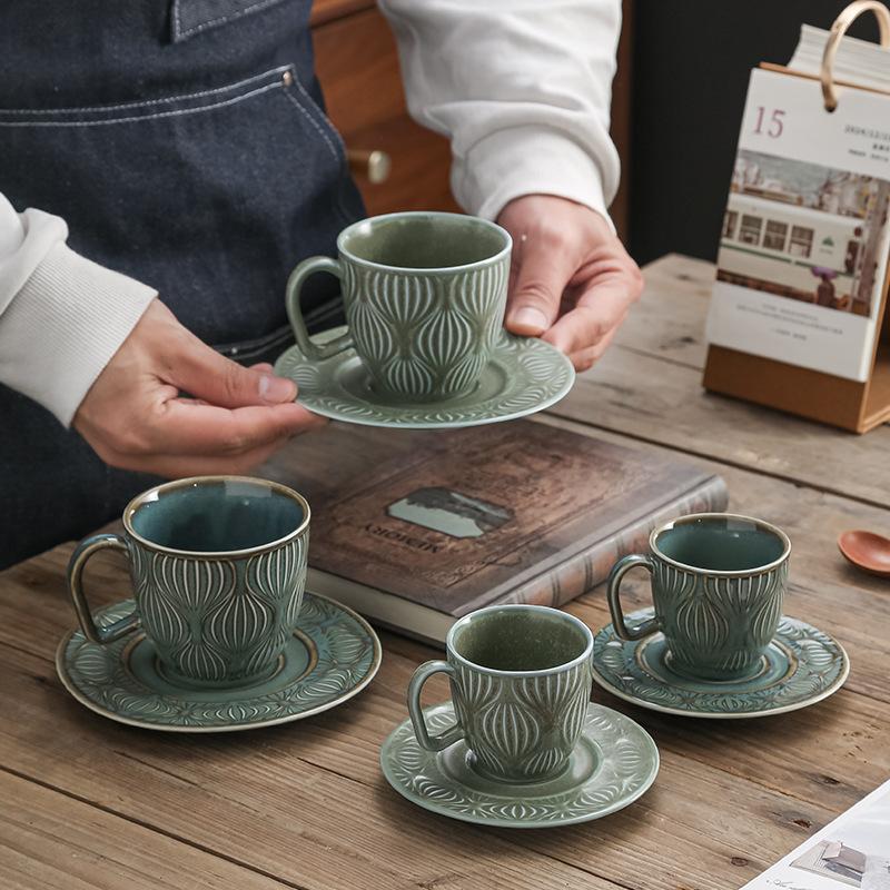 Japanese Coffee Cup Retro Kiln Ceramic Cup Household Creative Relief Water Cup Set Cup Saucer