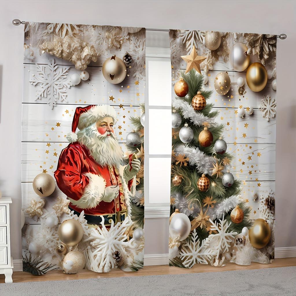 2 Elegant Classic Art Christmas Tree and Snowflake Design Rod Pocket Curtains for Home Decor In Living Room and Bedroom Window