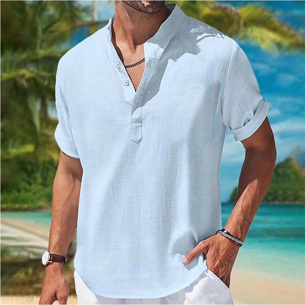 Summer Men's Oversized Shirt Youth Home Solid Color Short Sleeve Blouse Buttons Henry Collar Shirts Casual Men Top