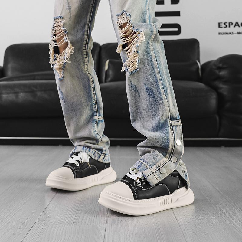 Fashion Men's Lace-Up Flats Leather Casual Shoes Thick Sole Male Sneakers Comfortable Walking Shoes Fashion Retro Skate Shoes for Men