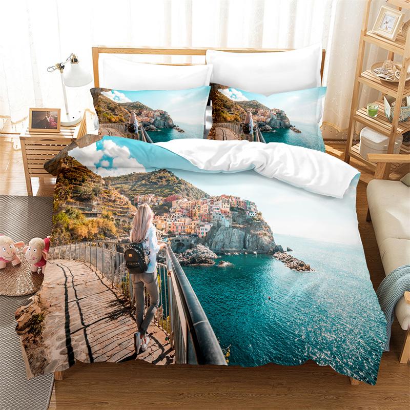 Beautiful Coastline City Duvet Cover Set 3d Digital Printing Sea Landscape Bed Linen Queen Polyester Bedding Set Fashion Design
