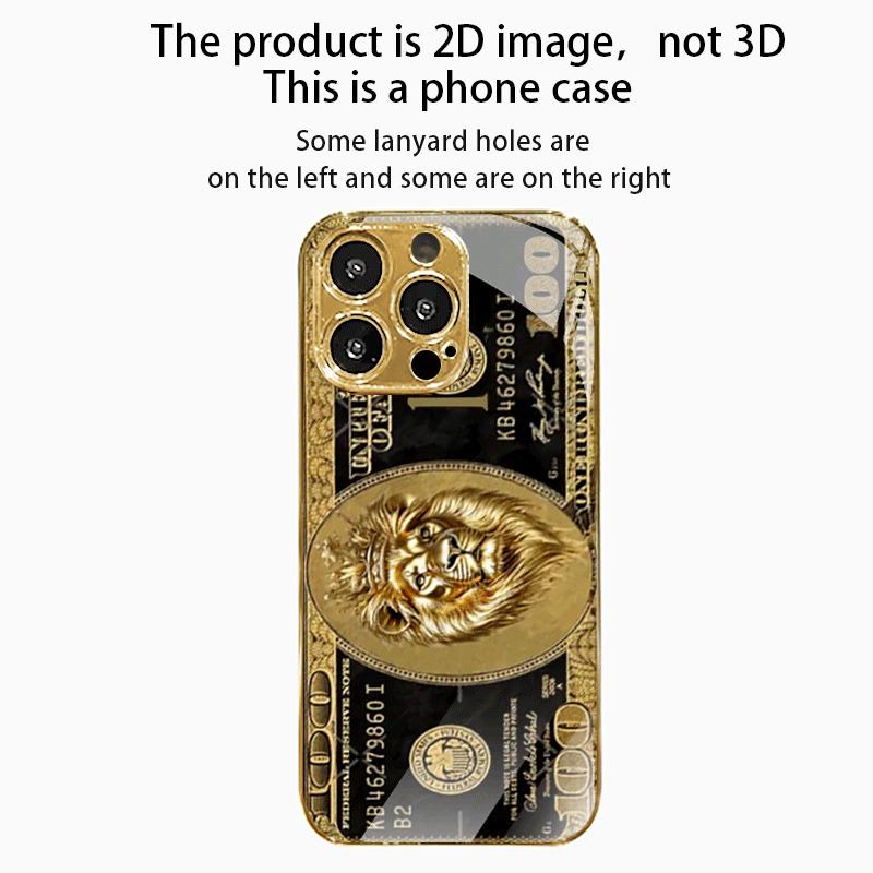 Чехол для телефона со стеклянной задней панелью, золотистый металлик, узор "Лев Богатства", для iPhone 17 16 15 14 13 12 11 Pro Max 15 14 Plus 17 Air 16E