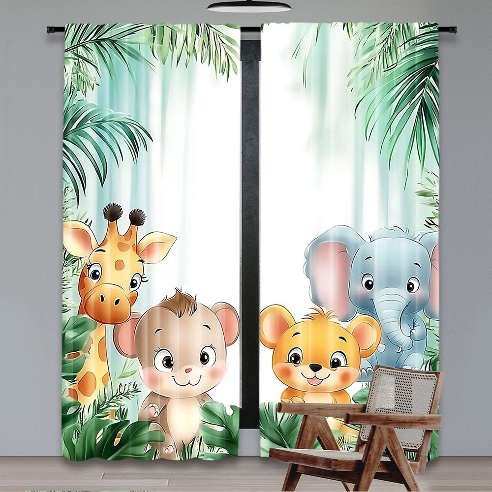 2Pcs Whimsical Cartoon Animal Safari Park Print Curtains Cartoon Safari Zoo Theme For Living Room Bedroom