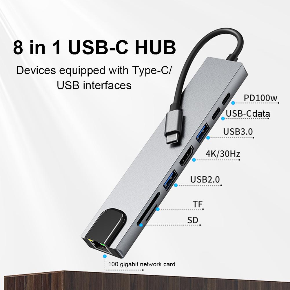 8-in-1 USB C Hub 5Gbps USB 3.0 2.0 Data Port USB-C Dongle SD TF Card Reader RJ45 Ethernet Port for Macbook Laptop PC Accessories