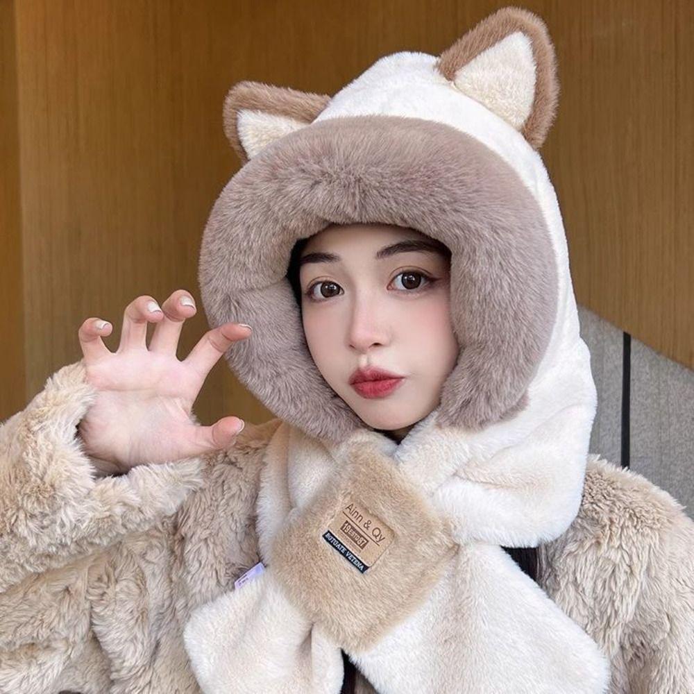 Plush Hat Ear Protection Hat Cartoon Hat Hooded Scarf Kawaii Cat Ears Hat Female/Girls