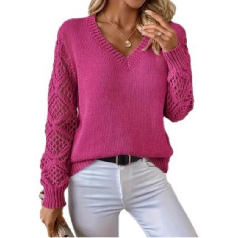 Fashion Long Sleeved V-neck Hollow Out Pullover Sweater Women Lace Loose Casual Top Solid Color Knitted Ladies Sweaters Autumn Winter Office Clothing