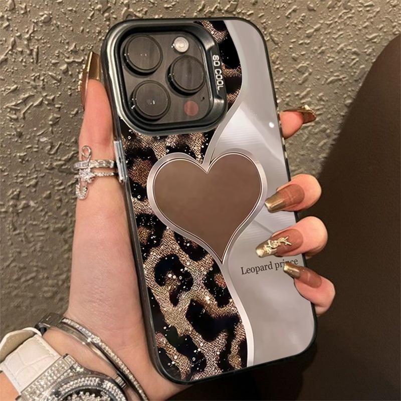Leopard print heart-shaped design phone case suitable for iPhone 17 16 15 14 13 12 11 Pro/ Max /Plus anti-fall and shockproof