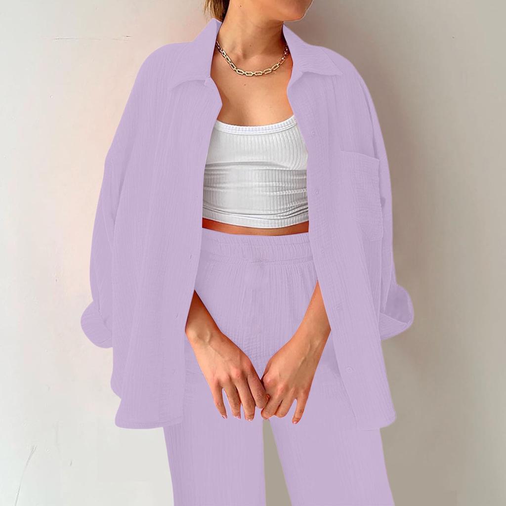 Wrinkled Fabric Women Long Sleeve Shirt Collar Button Down Shirt High Waist Drawstring Shorts Plus Size Casual Two Piece Set