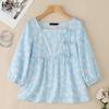Women Casual Square Collar 3/4 Sleeve Loose Floral Print Blouse