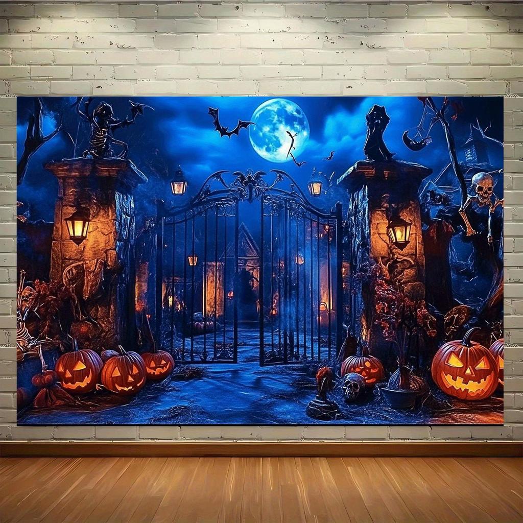 One two-dimensional flat-printed background cloth for the Halloween haunted door theme, featuring a terrifying cemetery scene.