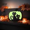 Indoor Halloween Atmosphere Lighting Glow-in-The-Dark Pumpkin, Spooky Wooden Pumpkin Ornament, Black Cats Luminous Ornament Bats Ghosts Silhouette