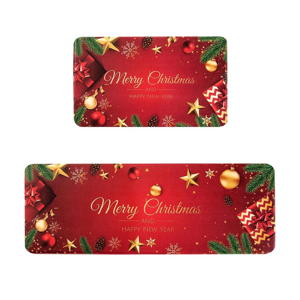 VIKAMA 2pcs Christmas Winter Crystal Velvet Floor Rug Kitchen Non-slip Mat Entrance Welcome Door Mat Holiday Home Decoration