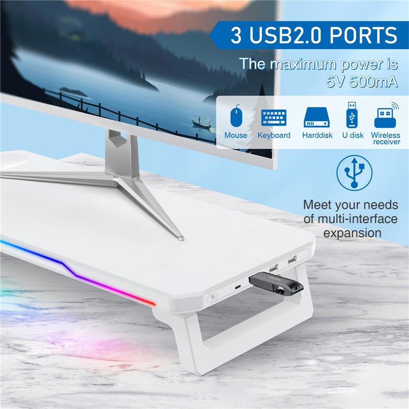 Подставка-подъемник для монитора с 3 портами USB 2.0 + Беспроводная зарядка + RGB-подсветка Складная офисная подставка для компьютера Стеллаж для хранения