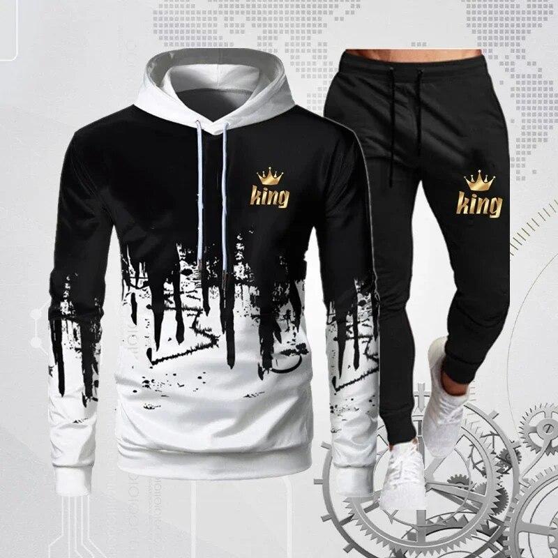 Мужской спортивный костюм, наборы чернил с брызгами, спортивные толстовки с длинными рукавами, спортивные штаны, костюмы с капюшоном и брюками с буквенным принтом King, комплект из 2 предметов, мужской