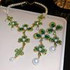 Vintage Long Flower Zircon Necklace Earrings For Women Green Crystal Earrings Banquet Weddings Zircon Sets
