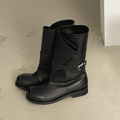 Версия из коровьей кожи~ Дизайнерские нишевые западные ковбойские сапоги с круглым носком, широким голенищем, складывающиеся, на плоской подошве, с ремешком и пряжкой, короткие сапоги, женские сапоги для верховой езды