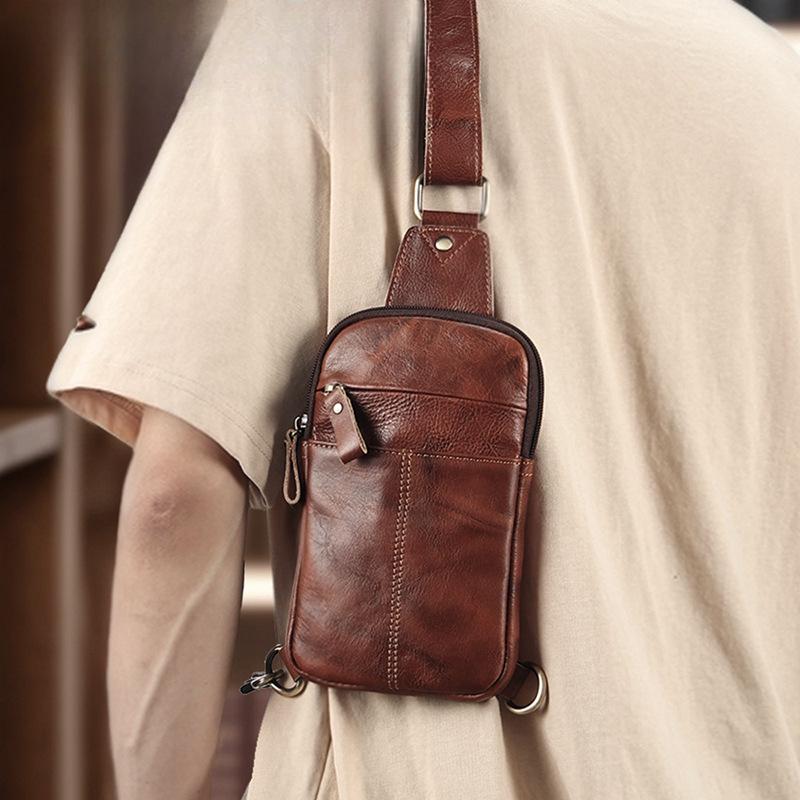 Men's Cowhide Chest Bag Fashion Chest Bag Men's Casual Crossbody Bag Simple Shoulder Bag Genuine Leather Chest Bag