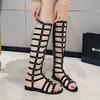 Fashion Gladiator Sandals Women 2025 Summer Leather Flats Rivets Beach Dress Shoes Side Zip Knee High Buckle Strap Rome Boots