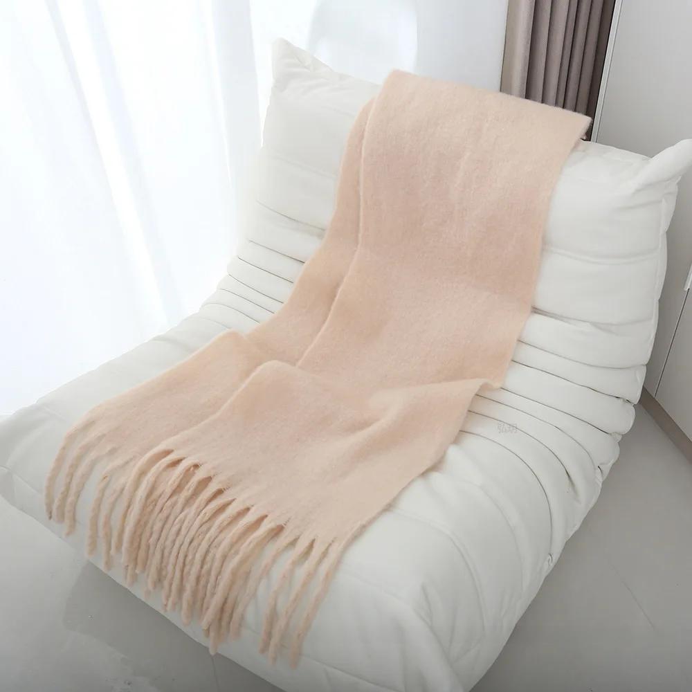 Thickened Extended Solid Color Scarf Women's Autumn Winter Korean Style Angora Student Shoulder Wrap Neck Warmer Pink Macaron