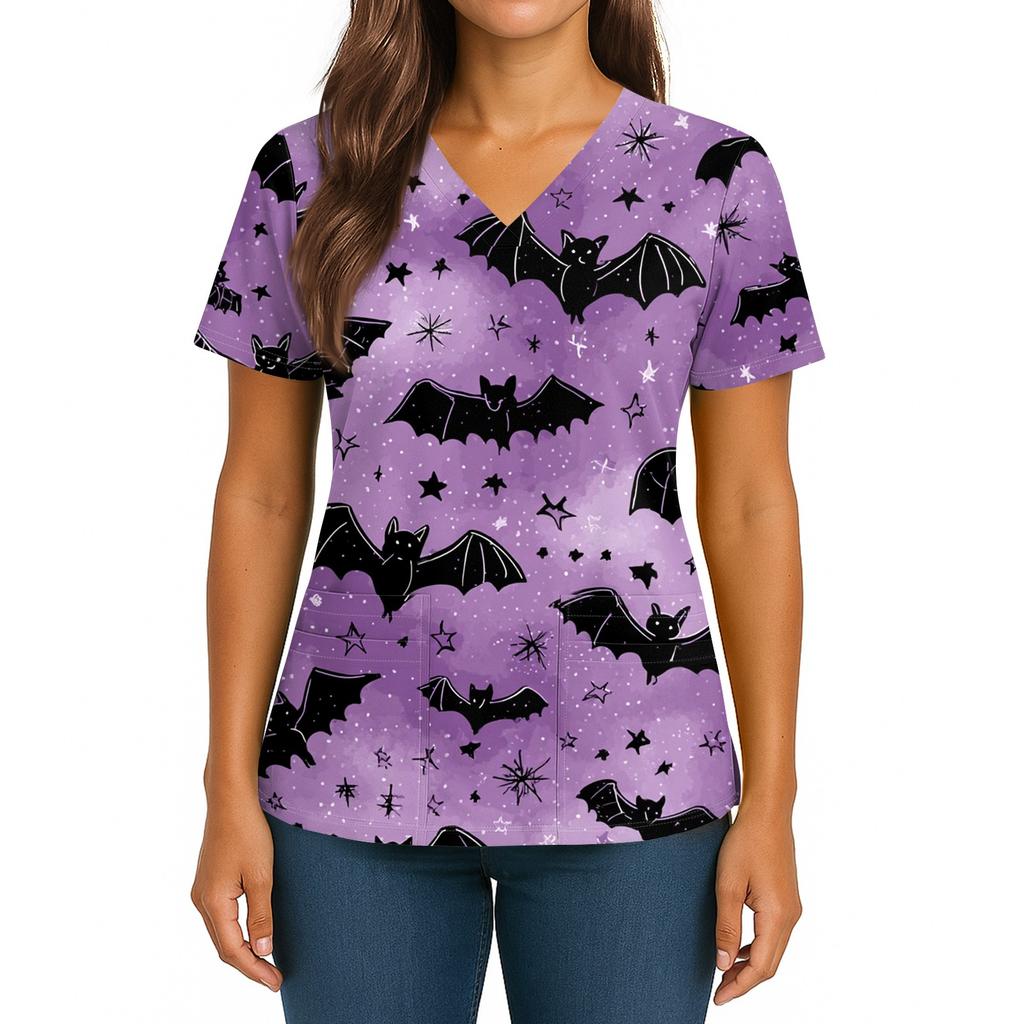 Женский Хэллоуинский Принт V-образный вырез Двойной карман Короткий рукав Разрез по подолу Топ для униформы/сиделки