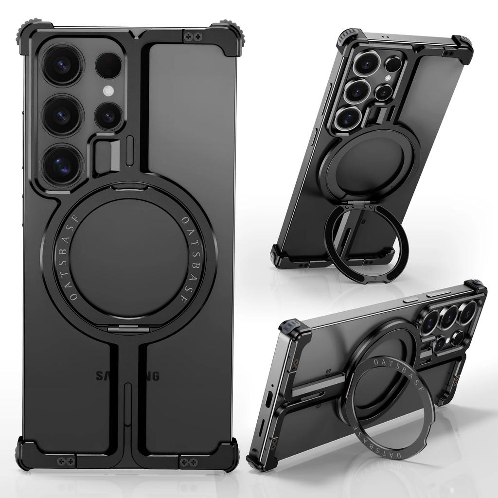 Oatsbasf Frameless Phone Case for Samsung Galaxy S25 Ultra with Ring Stand 360° Rotatable Magnetic Phone Cover Shockproof Bumper