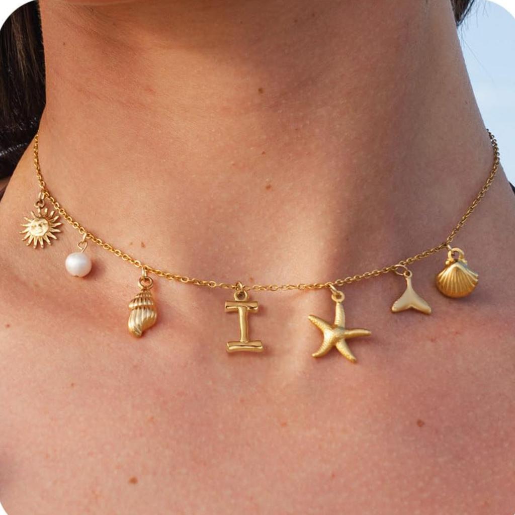 MHS.SUN Starfish Shell Initial Necklace Waterproof 18K Gold Plated Stainless Steel Charm Necklaces Surfer Girl Summer Beach Gift