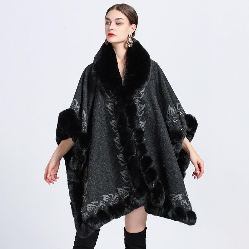Women's Padded Thickened Faux Otter Hair Collar Cape Shawl Loose Large Size Knitted Cardigan Jacket