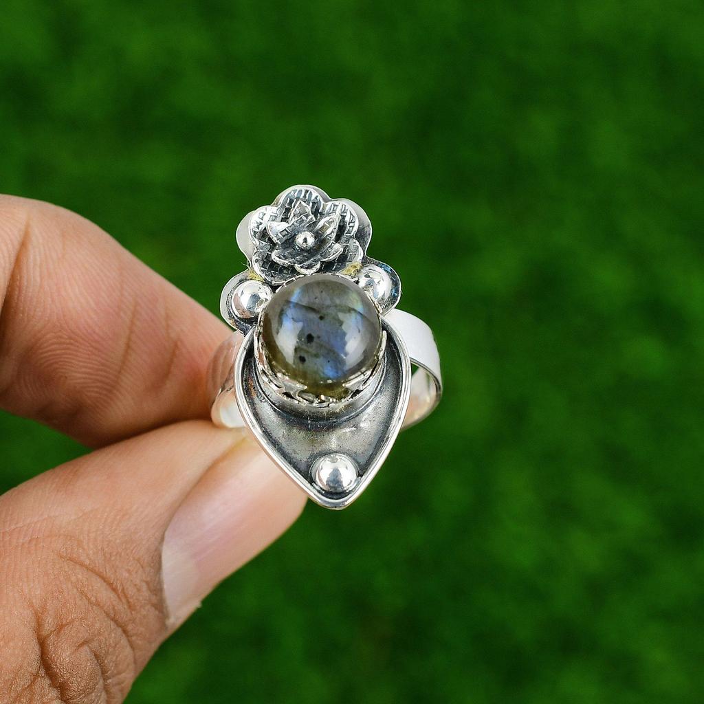 Натуральный лабрадорит, эффектное кольцо-цветок, регулируемое, серебро 925 пробы, для женщин