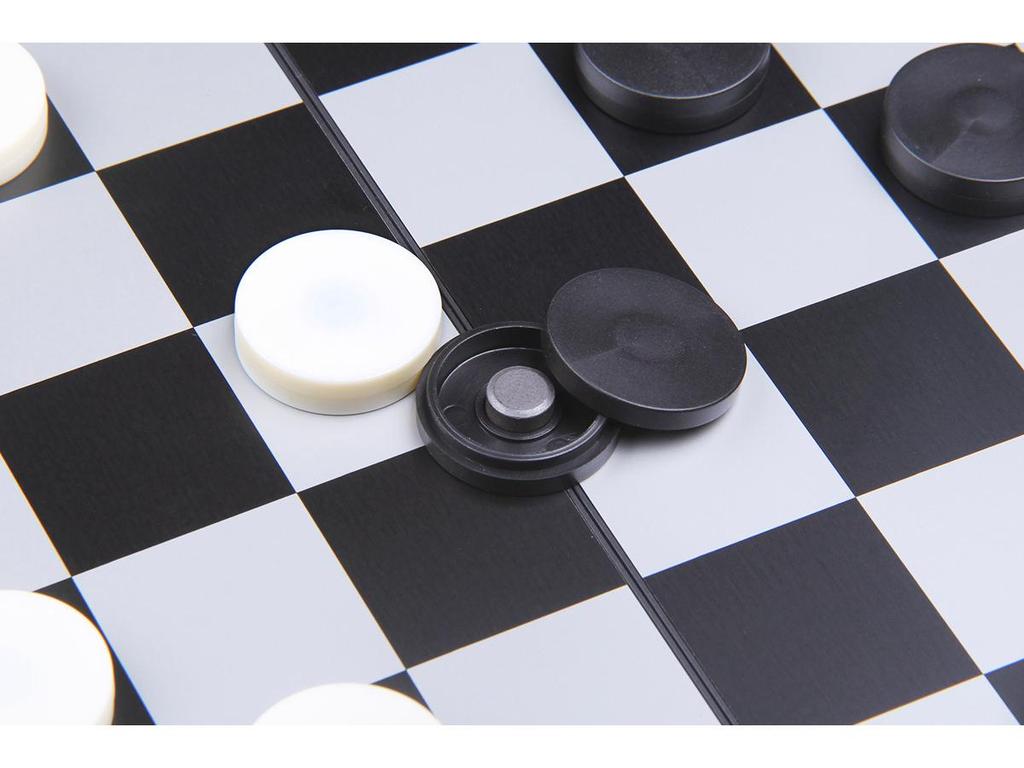 Magnetic Folding International Checkers & Chessboard: 100 Squares, Black & White, 64-Piece Set.