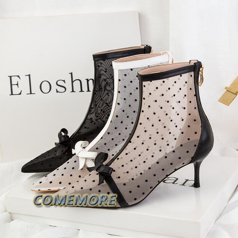 Ботильоны элегантные женские вечерние на высоком каблуке летние модные повседневные женские ботильоны 2024 года лето дышащая сетка горошек полый бант