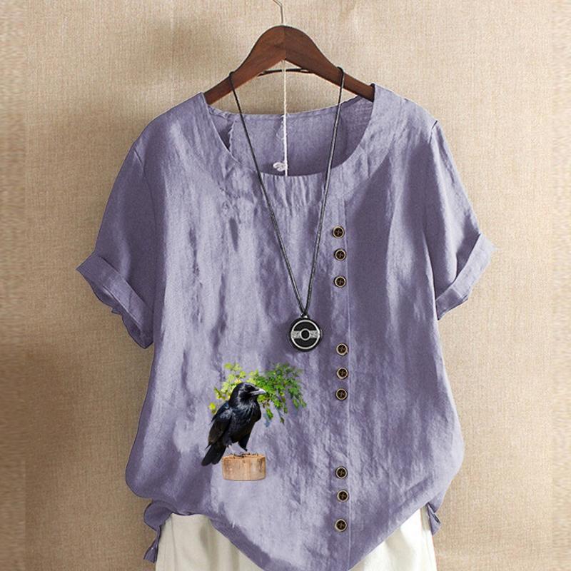 Women's Fashion Crow Prined Round Neck Short Sleeve T-shirt Casual Cotton Linen Graphic Shirt Leisure Loose Summer Blouse Tops