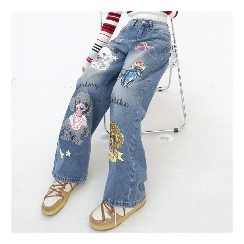 Синие джинсовые брюки с рисунком милой собаки и графическим принтом, свободные прямые джинсовые брюки y2k, уличная модная повседневная одежда