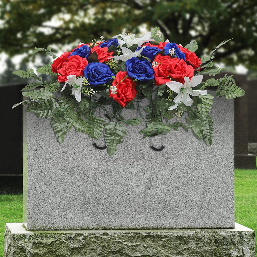47*64cm Artificial Silk Cloth Cemetery Flower,Red Blue Outdoor Grave Decorations for Headstones and Funeral Ceremonies