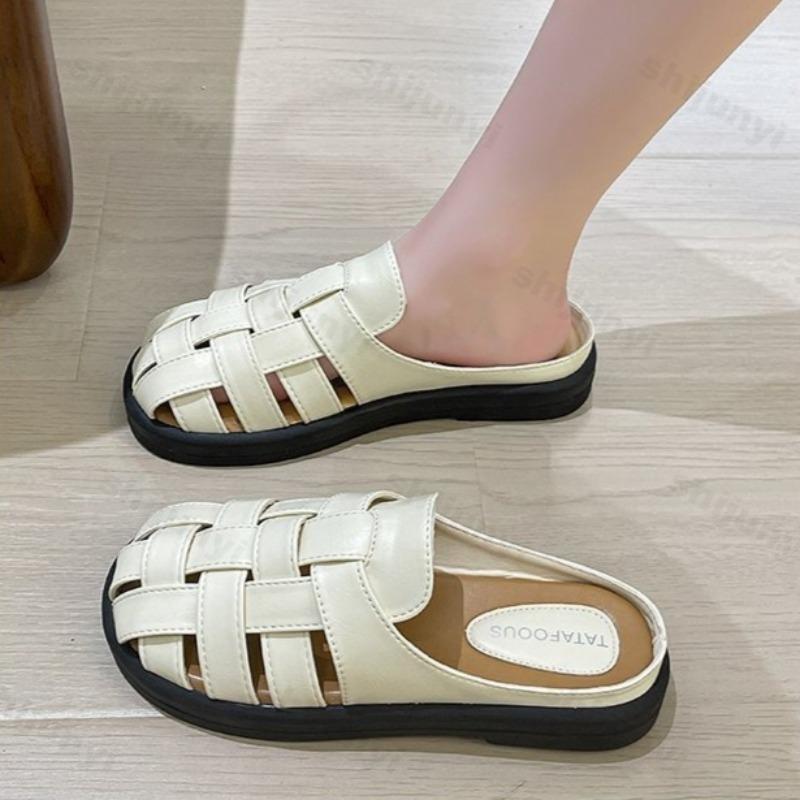 Модные женские тапочки Летние с закрытым носком Плетеные с вырезами Мюли Ретро Уличные Удобные Сандалии на мягкой подошве Сандалии Женские