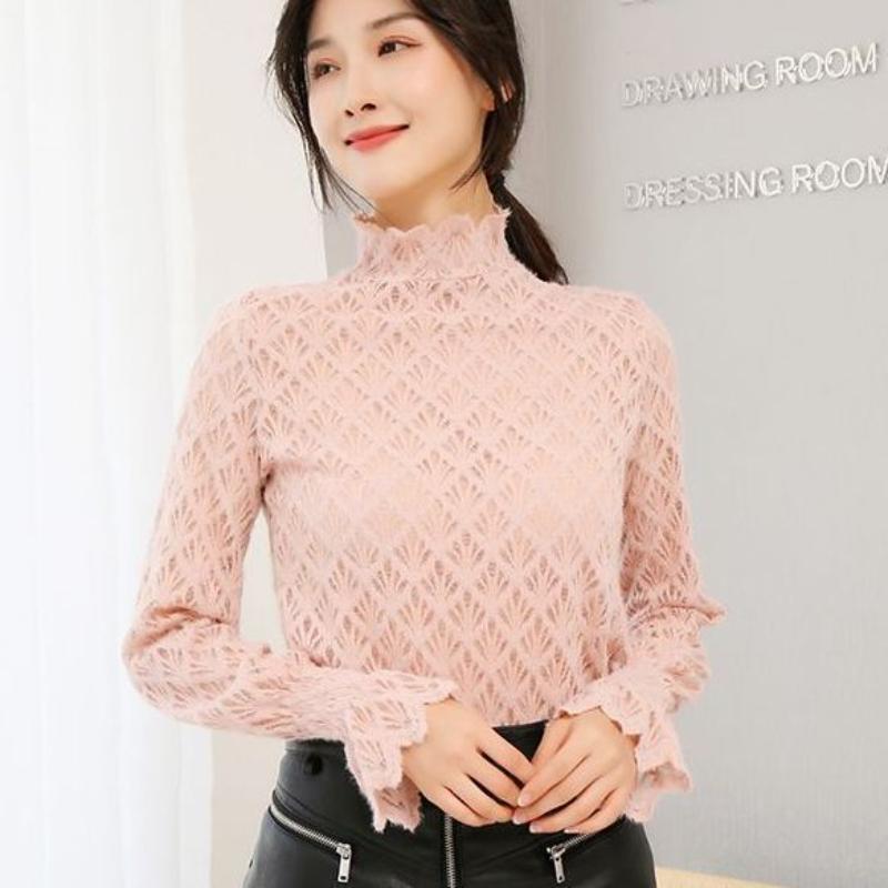 Qooth Женская рубашка с кружевной подкладкой и половиной высокого воротника, элегантная винтажная рубашка с сетчатым низом и длинным рукавом QT1993