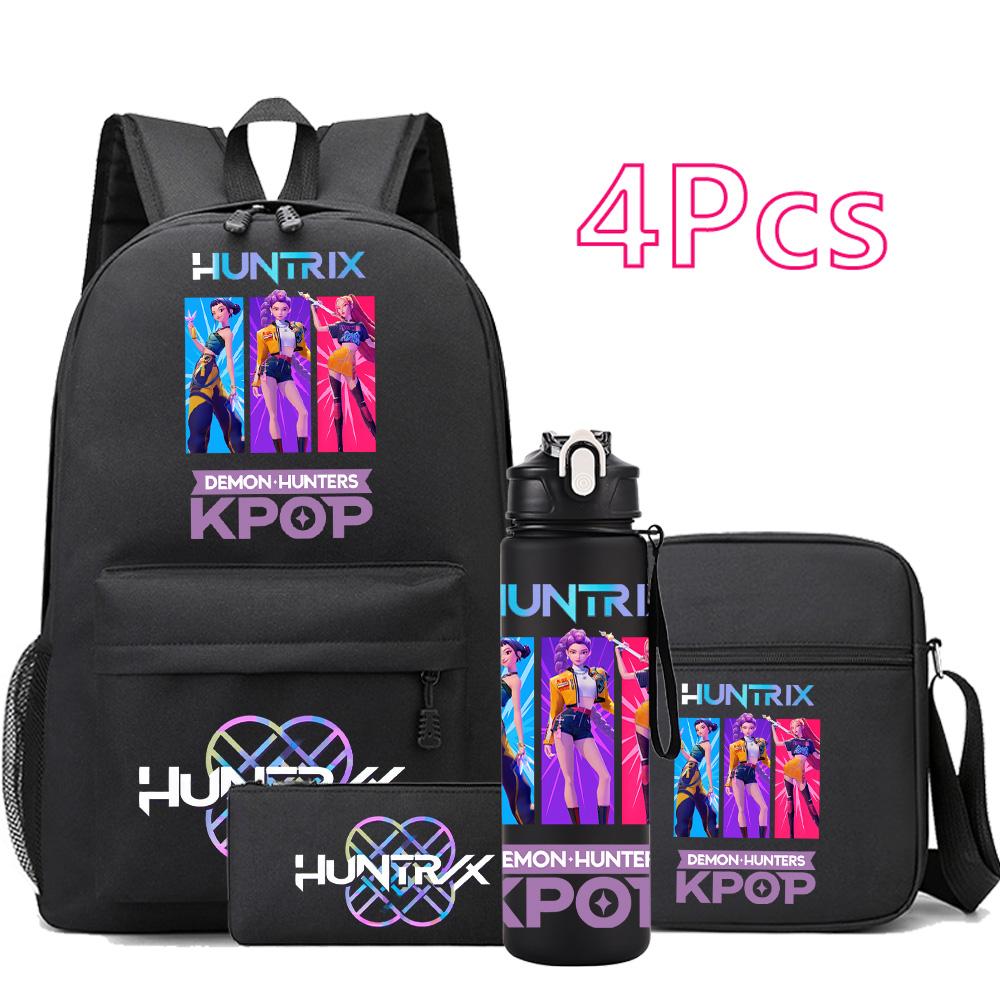 4 шт./компл. Аниме Мультфильм K-Pop Принт Рюкзак с бутылкой для воды 750 мл для Подростка Студента Девочки Мальчика Книжная сумка Детский Подарок Большая Вместимость Дорожная Сумка