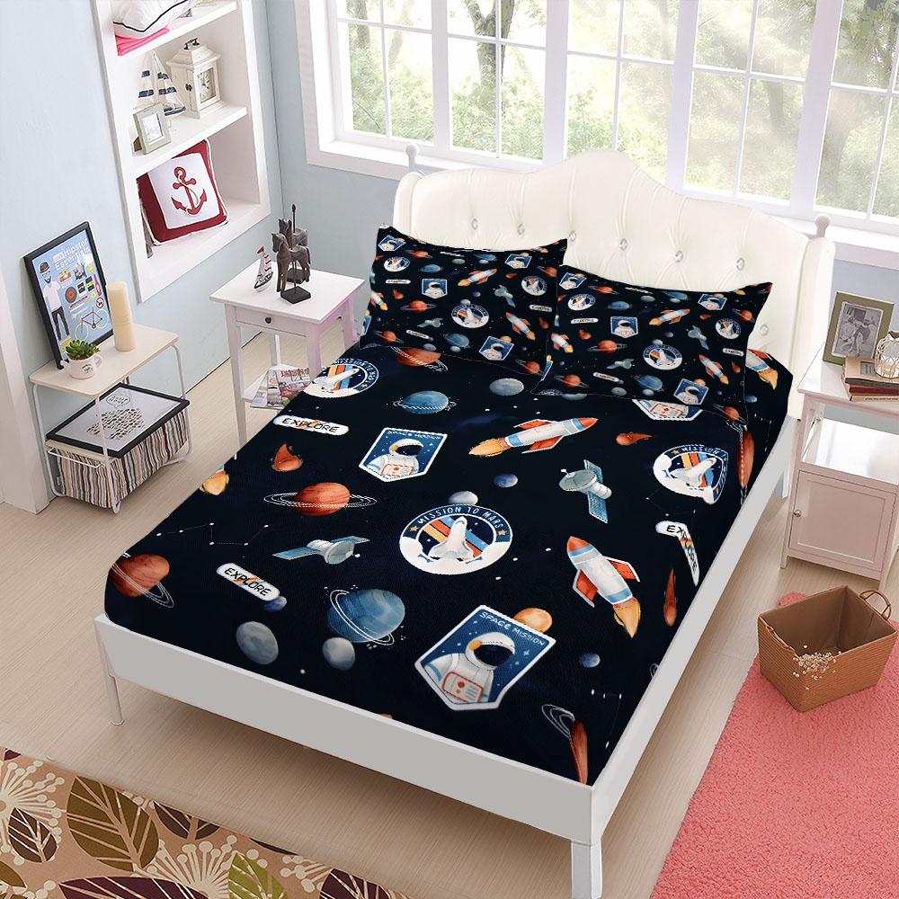 Seamless Space Exploration Fitted Sheet Set King Queen Double Full Size Bed Linen Set