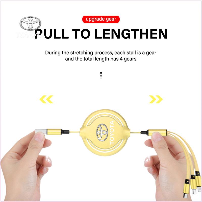 3in1 Retractable Fast Charge Data Cable USB Android Type-C IPhone for Toyota Trd GR Corolla Yaris Chr Auris RAV4 Land Cruiser Camry Highlander
