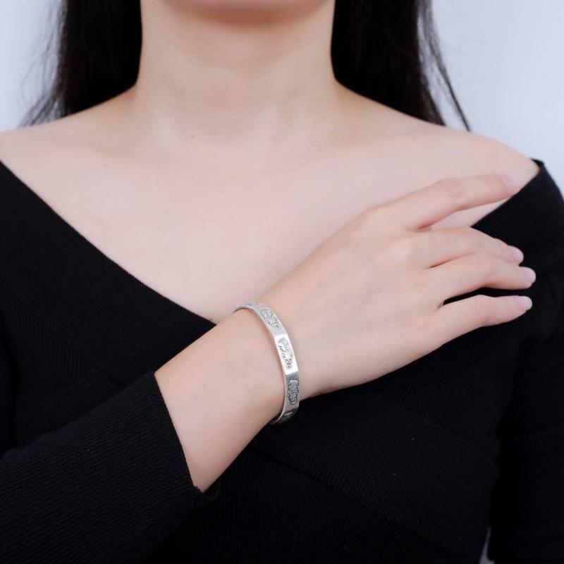 Zuyin 999.9 Retro Worn Pixiu Wealth Attraction Bracelet for Men and Women Open Six Character True Words Pure Silver Bracelet