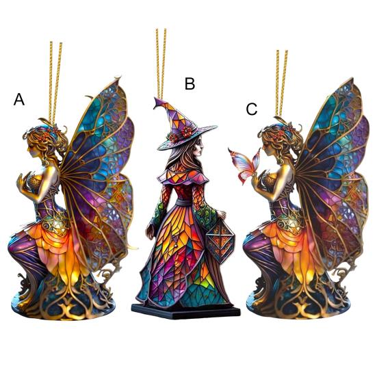 Halloween Pendant Acrylic Witch Fairy Hanging Ornaments Colorful Butterfly Wings Pendant for Car Bag Halloween Decor